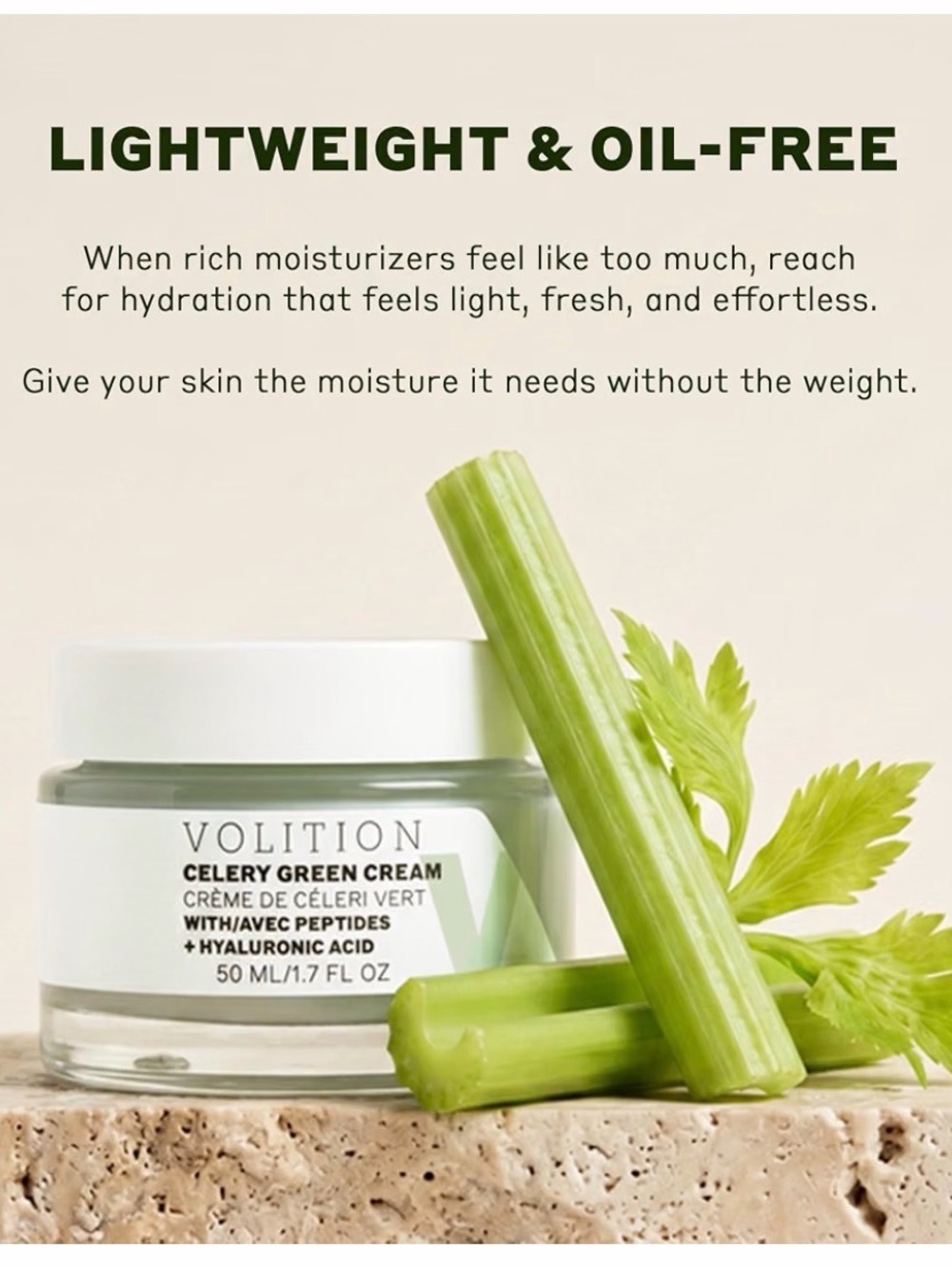 Volition Beauty Celery Green Cream with Hyaluronic Acid + Peptides